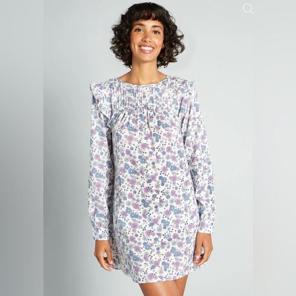 Modcloth Floral Prairie Doll Mini Dress Ruffle Shoulder Purple Blue L NWT - Picture 1 of 12